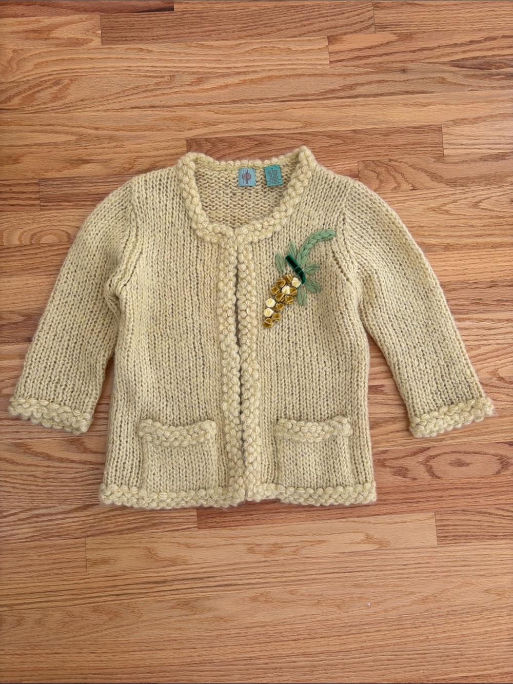Anthropologie Yellow Mohair Knit Cardigan with Floral Velvet Appliqué